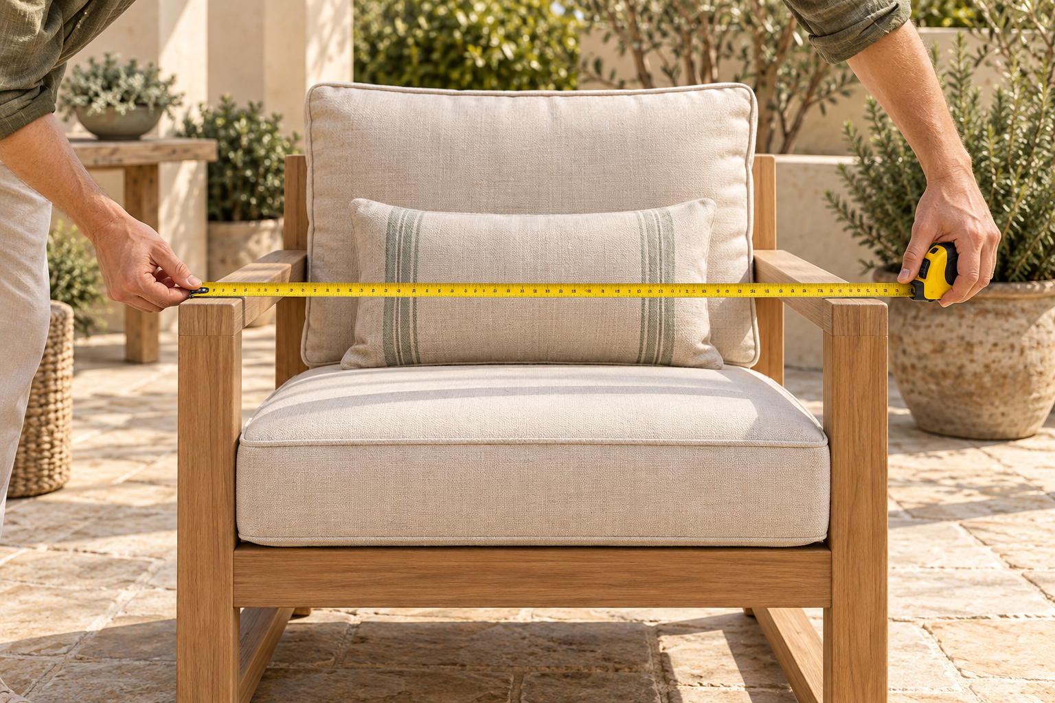 Measurement illustration showing a tape across the outer width of a patio chair; not a measured product specification