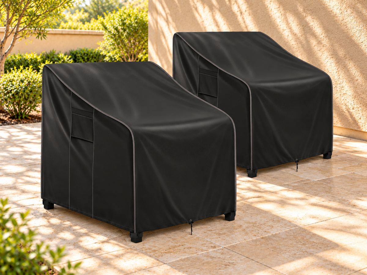 Black patio chair covers, 2 pack, 29W x 30D x 36H inches.
