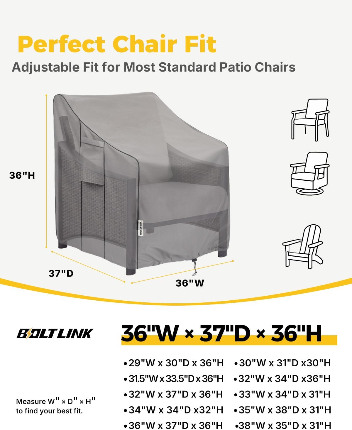 Gray patio chair cover dimensions: 36W x 37D x 36H inches. Gray variant only.