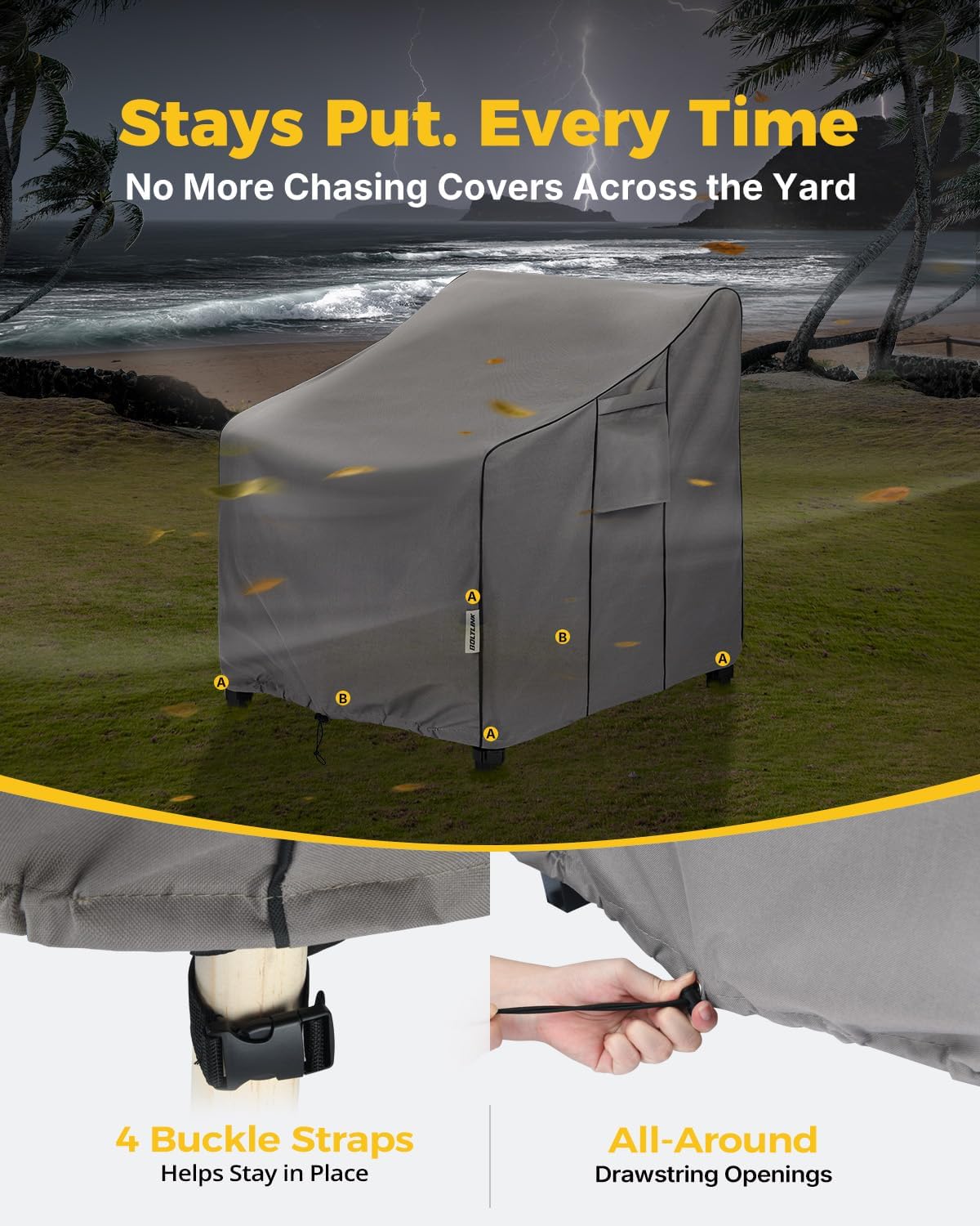 Gray patio chair cover — buckle straps and drawstring details.