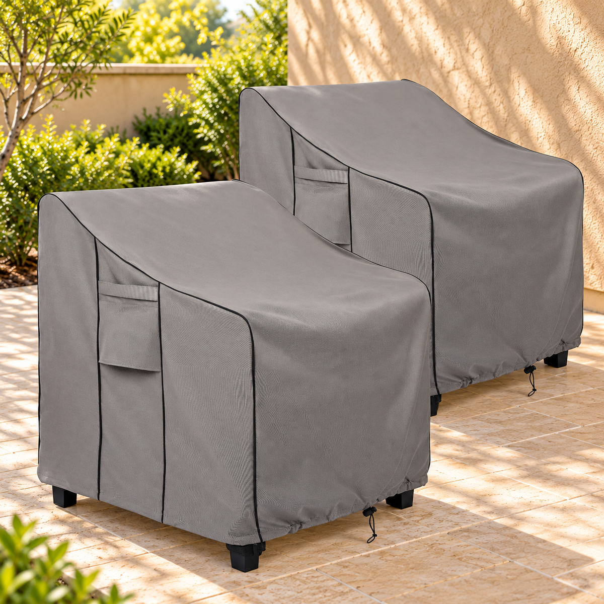 Gray patio chair covers, 2 pack, 36W x 37D x 36H inches.