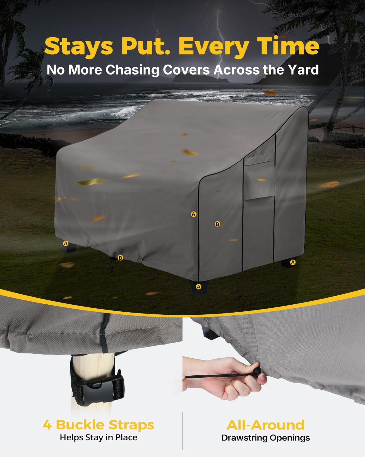 Patio sofa cover — buckle straps and drawstring details.