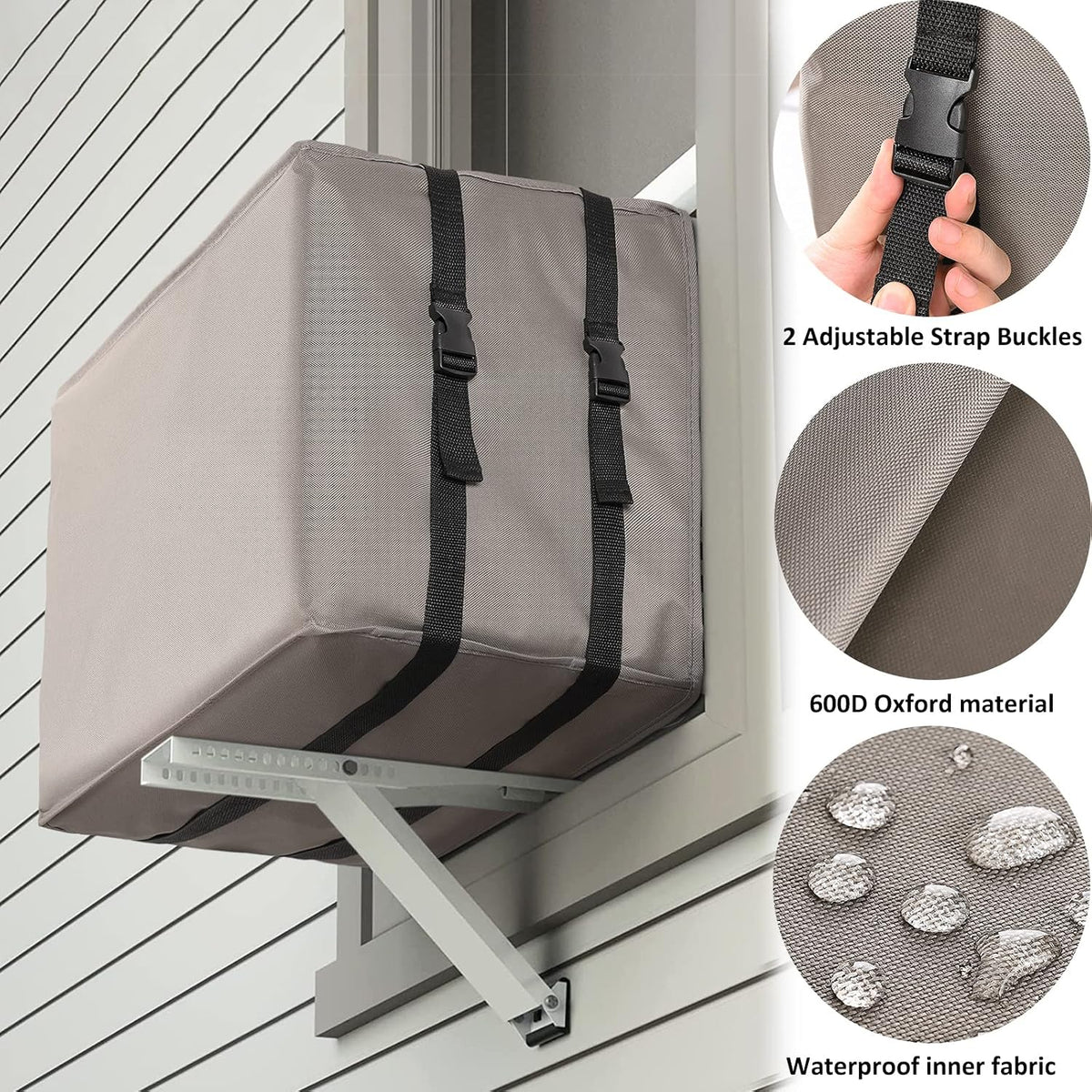 Window AC cover — adjustable buckle straps and fabric details.