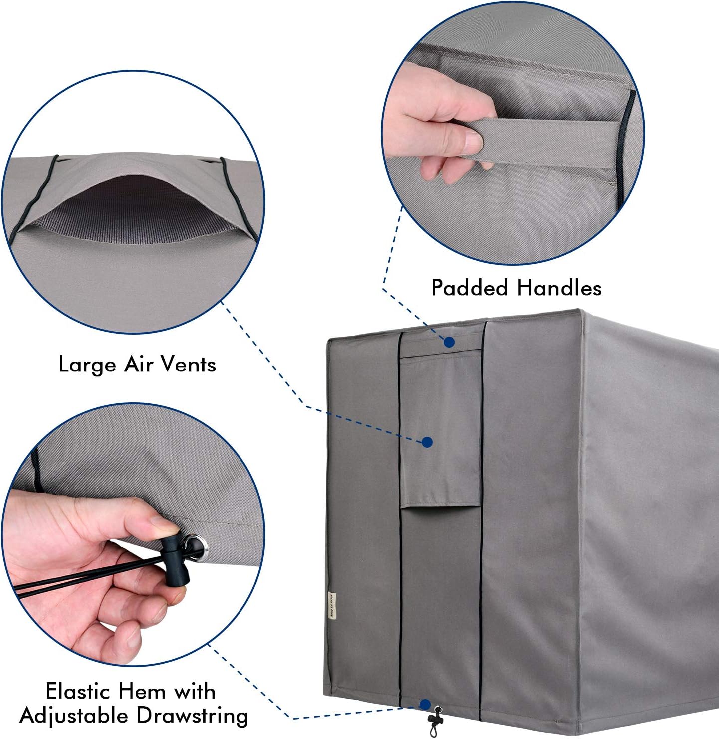 Supplied AC cover image showing a mesh vent opening, handle and drawstring close-ups