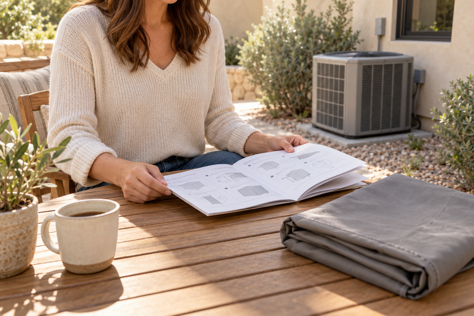 Preparation illustration of a homeowner reading equipment instructions beside a folded cover, with an uncovered AC unit in the background