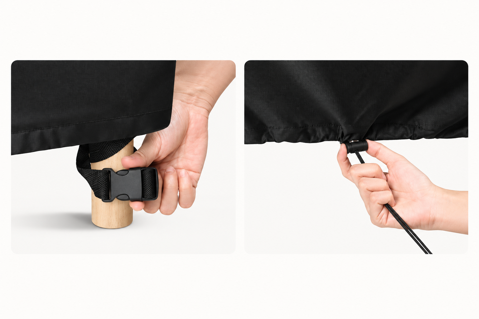 Illustration showing black cover buckle strap and drawstring details
