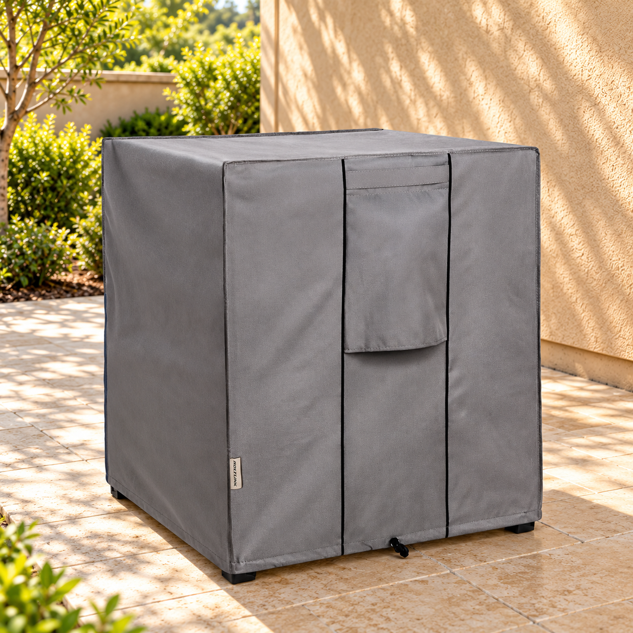 A gray cube-shaped central AC cover in an outdoor setting