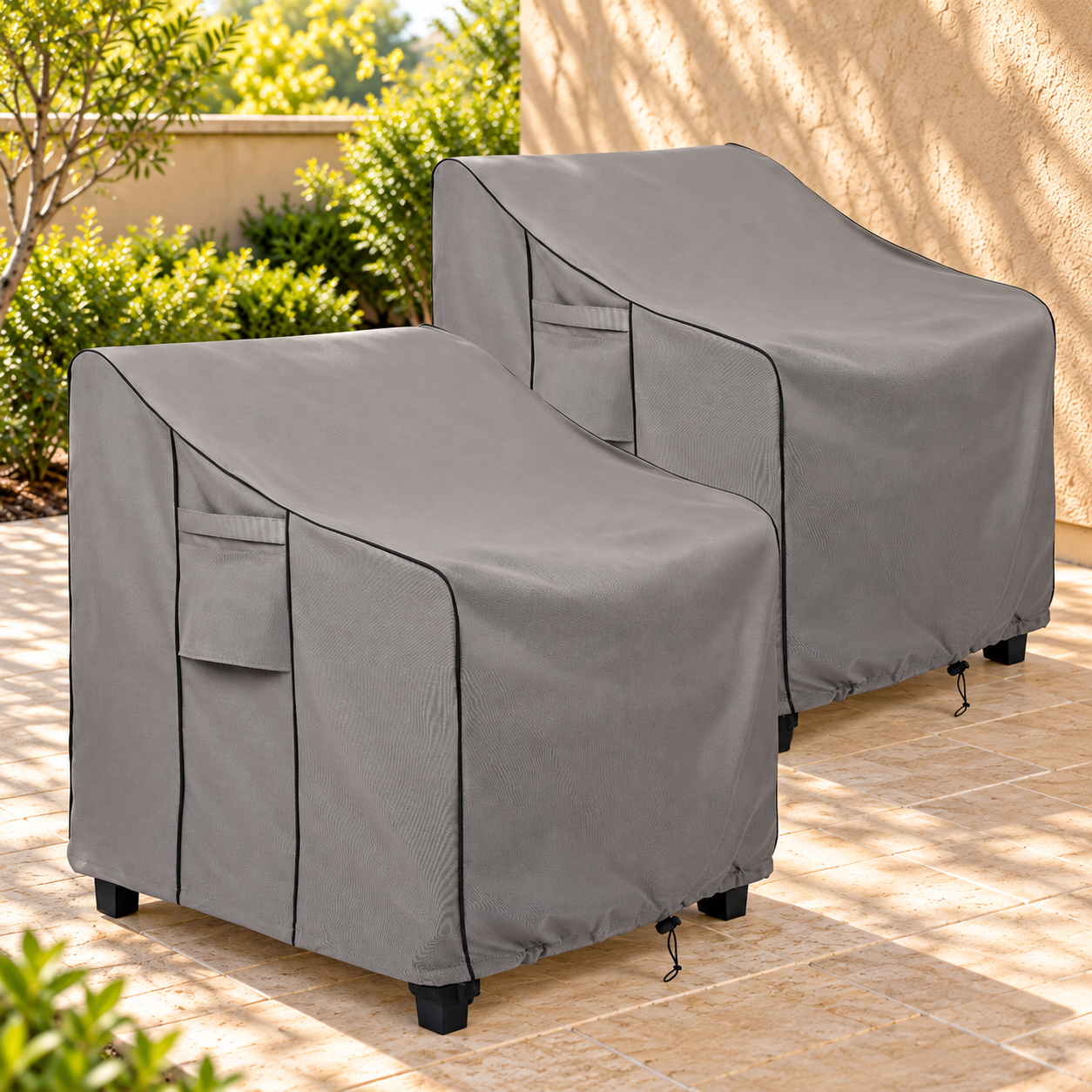 Two gray chair covers in a sunlit patio