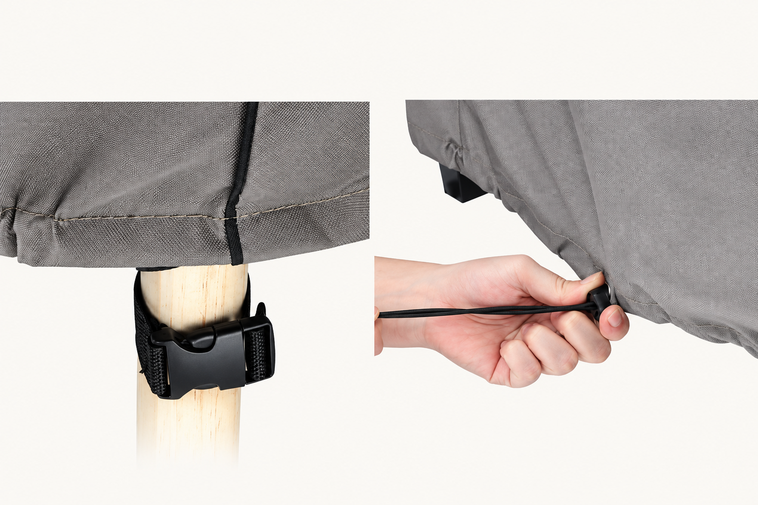Illustration of gray cover buckle and drawstring details adapted from supplied imagery