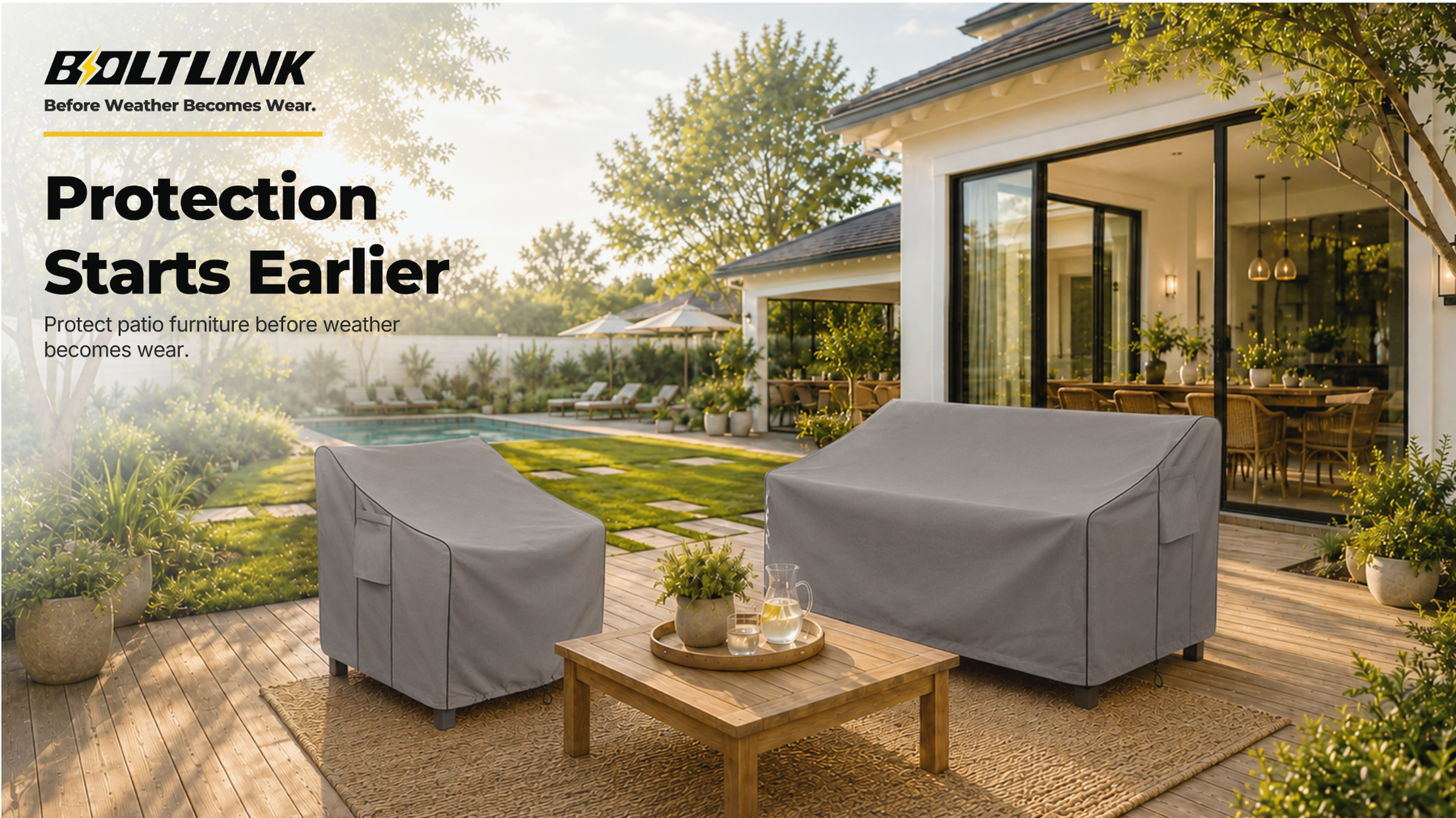 BOLTLINK — Protection Starts Earlier. A gray chair cover and sofa cover in a sunlit patio.