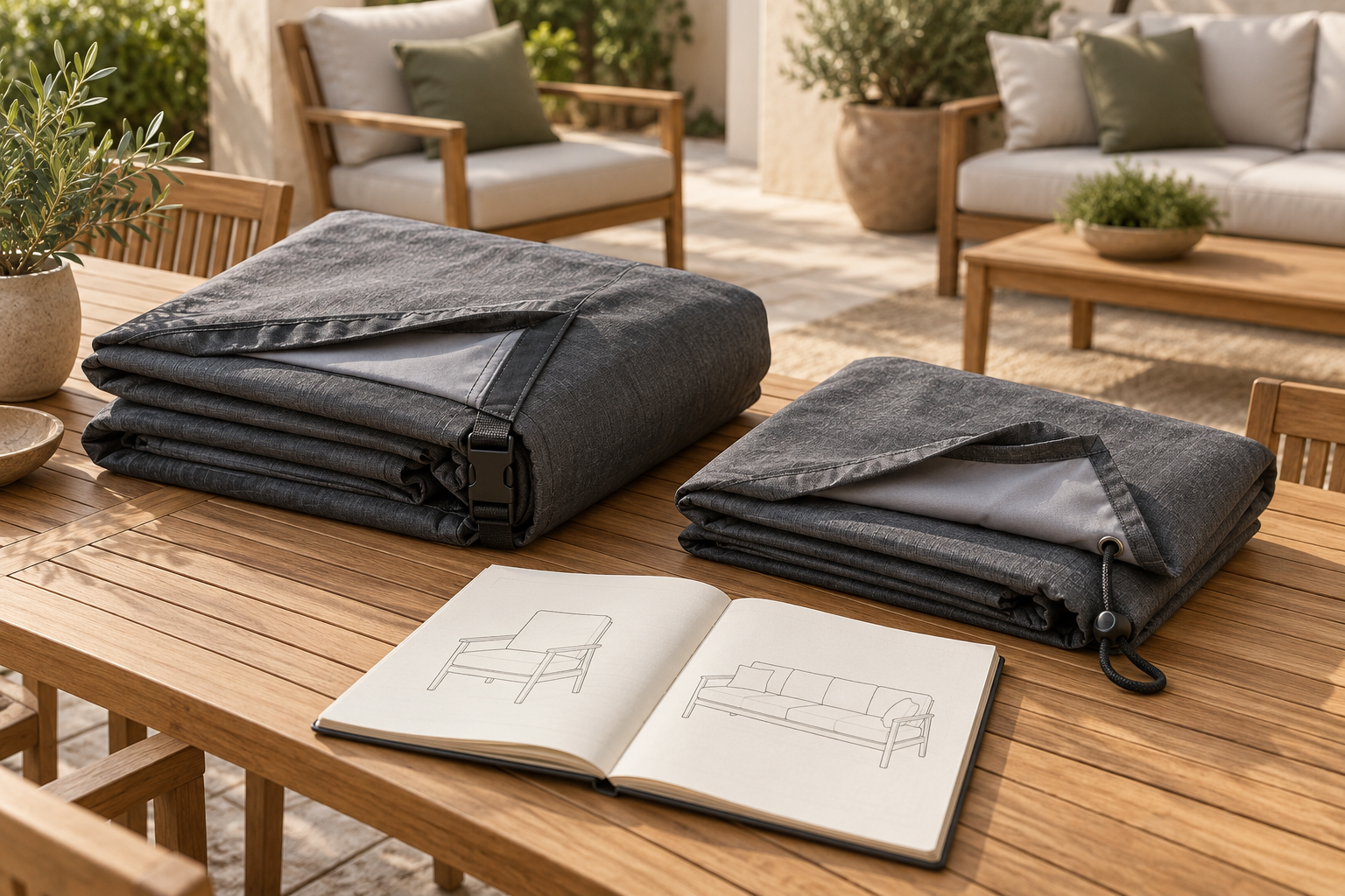Illustrative comparison of folded outdoor covers, fabric and fastening details beside chair and sofa sketches.