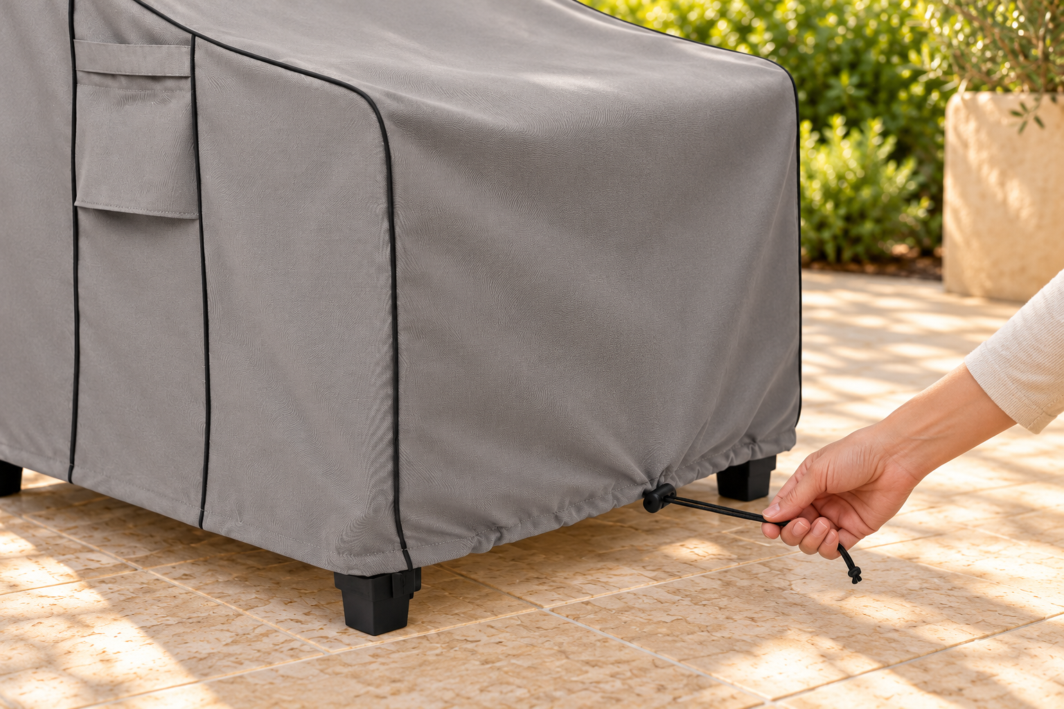Illustration based on BOLTLINK gray chair-cover photos showing adjustment of the hem drawstring.