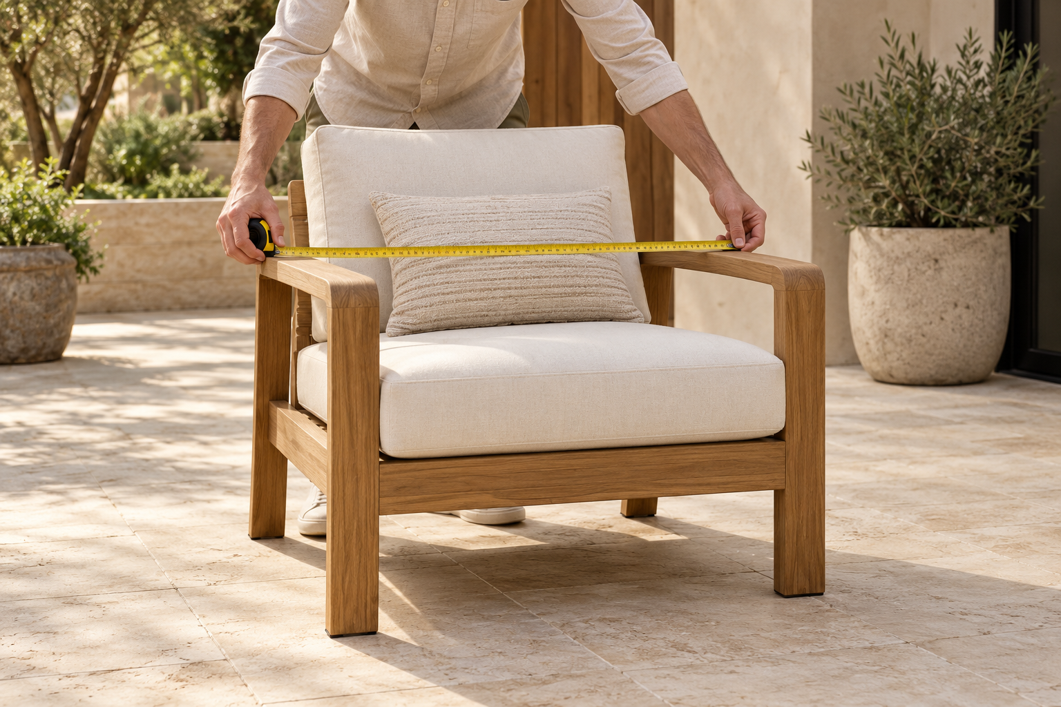 Illustration of measuring the outer arm-to-arm width of a patio chair before choosing a cover.