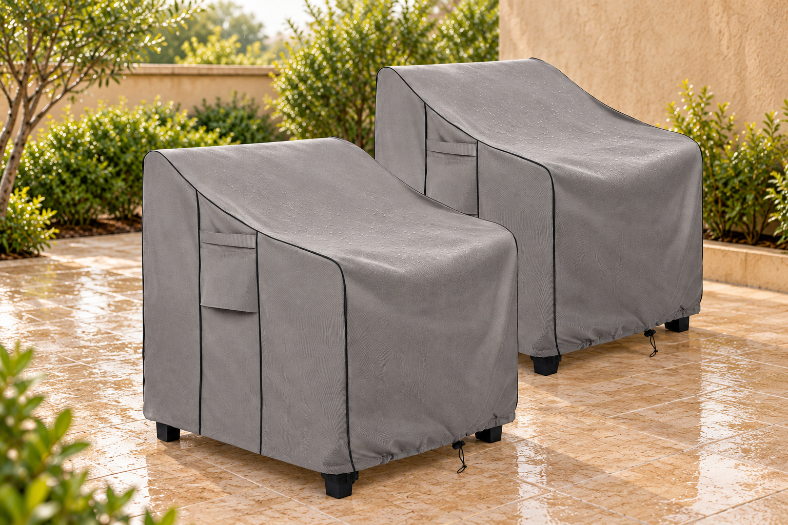 Weather-care illustration based on BOLTLINK gray chair-cover reference photos, showing the covered pair after a light shower.