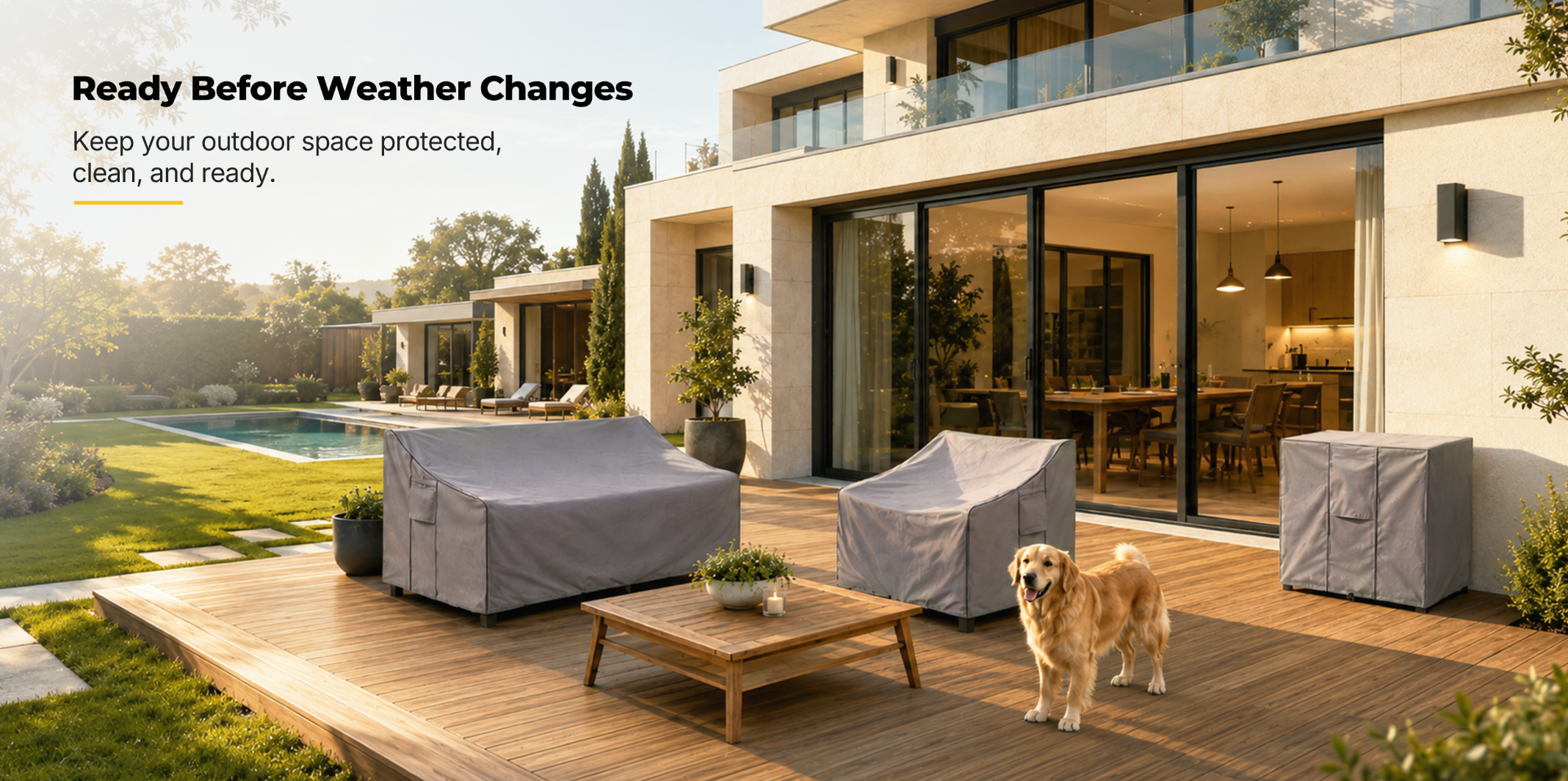 A sunlit patio with covered outdoor furniture and a dog beside the seating area