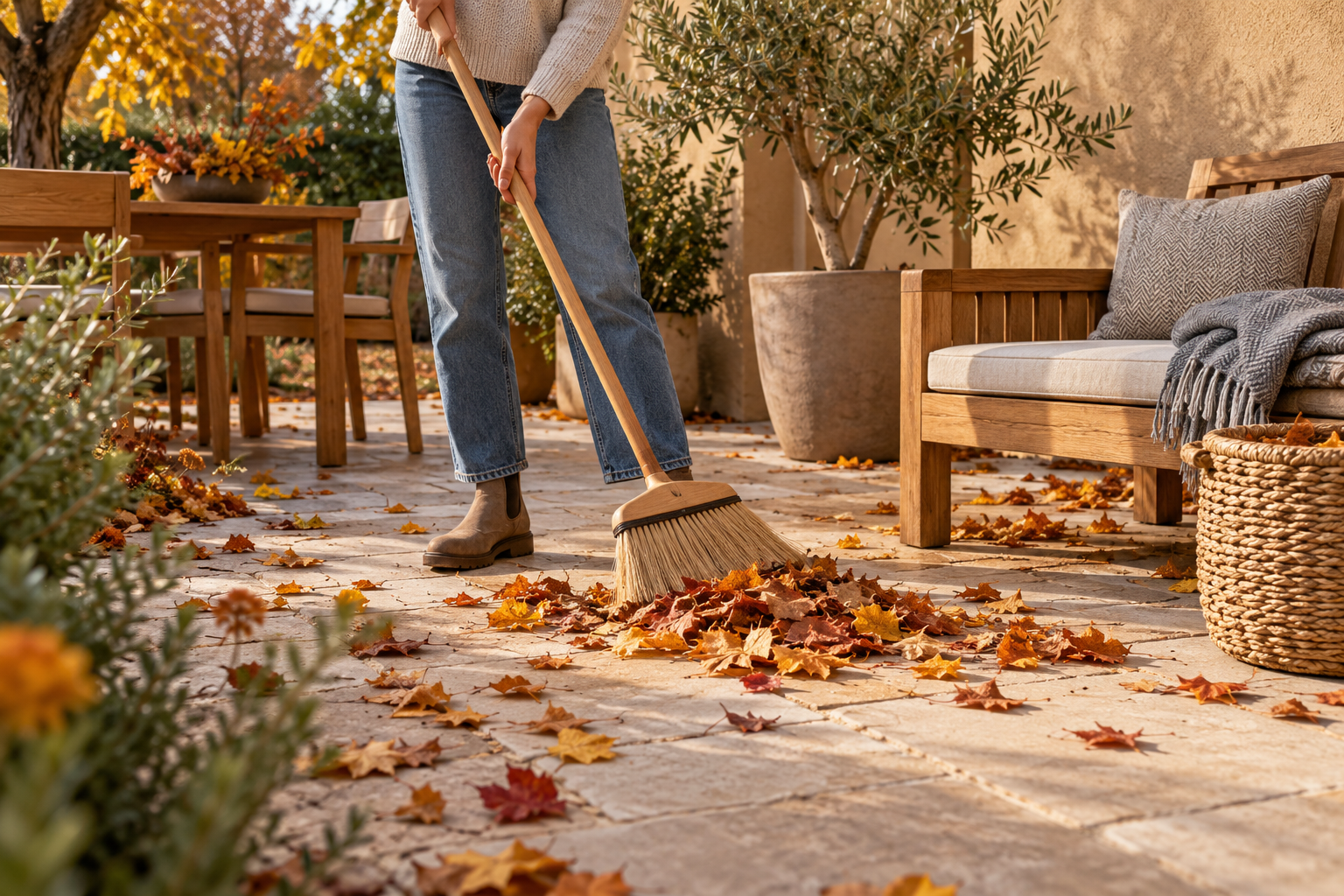 Illustration of a homeowner sweeping autumn leaves away from patio seating