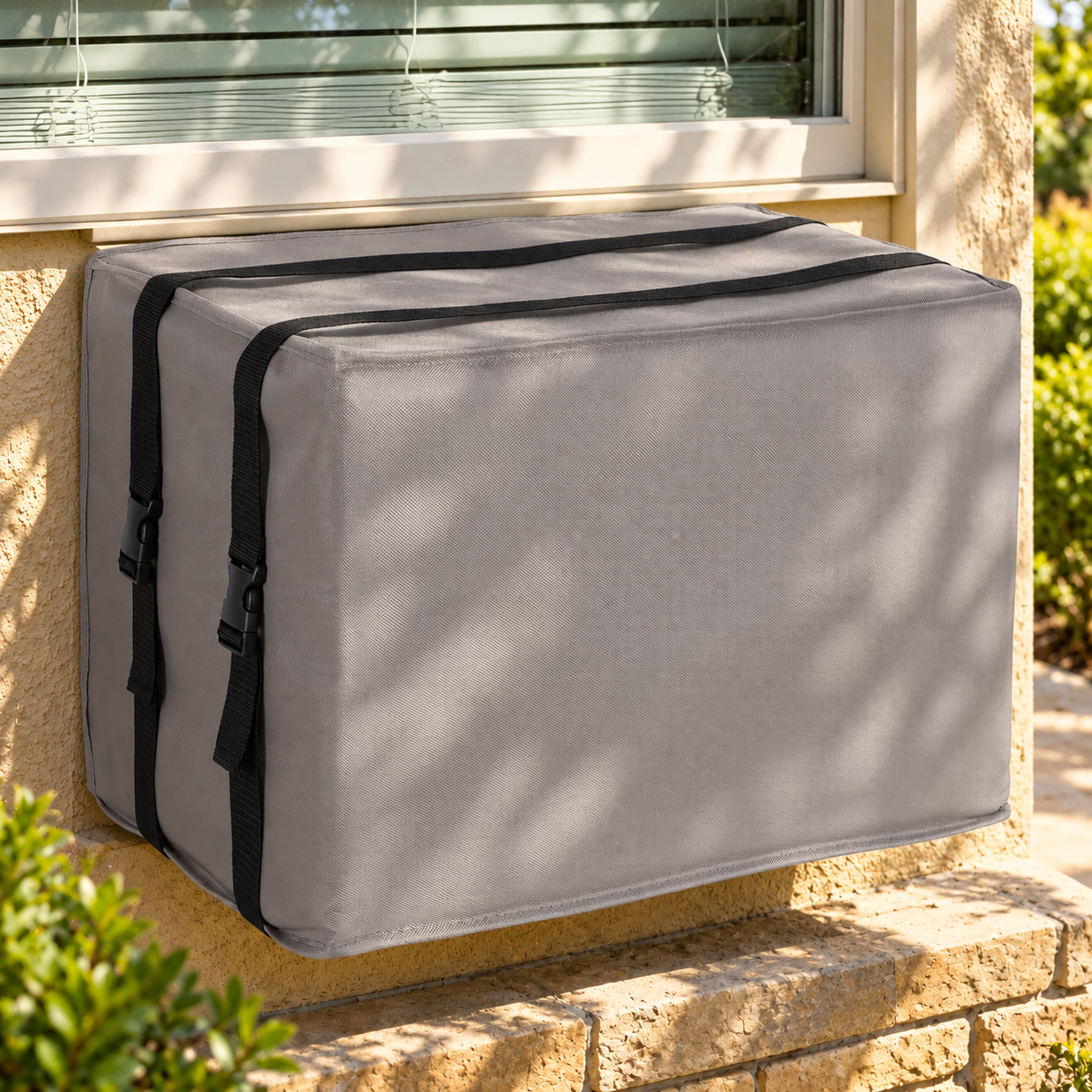 A gray window AC cover with two black straps outside a window