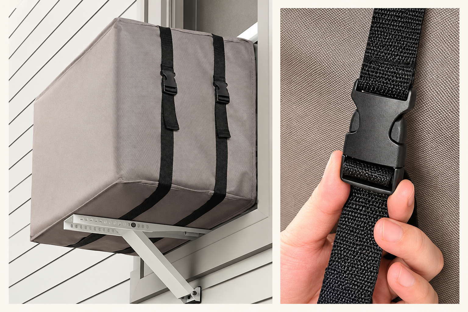 Illustration showing a window AC cover and a close-up of its strap buckle